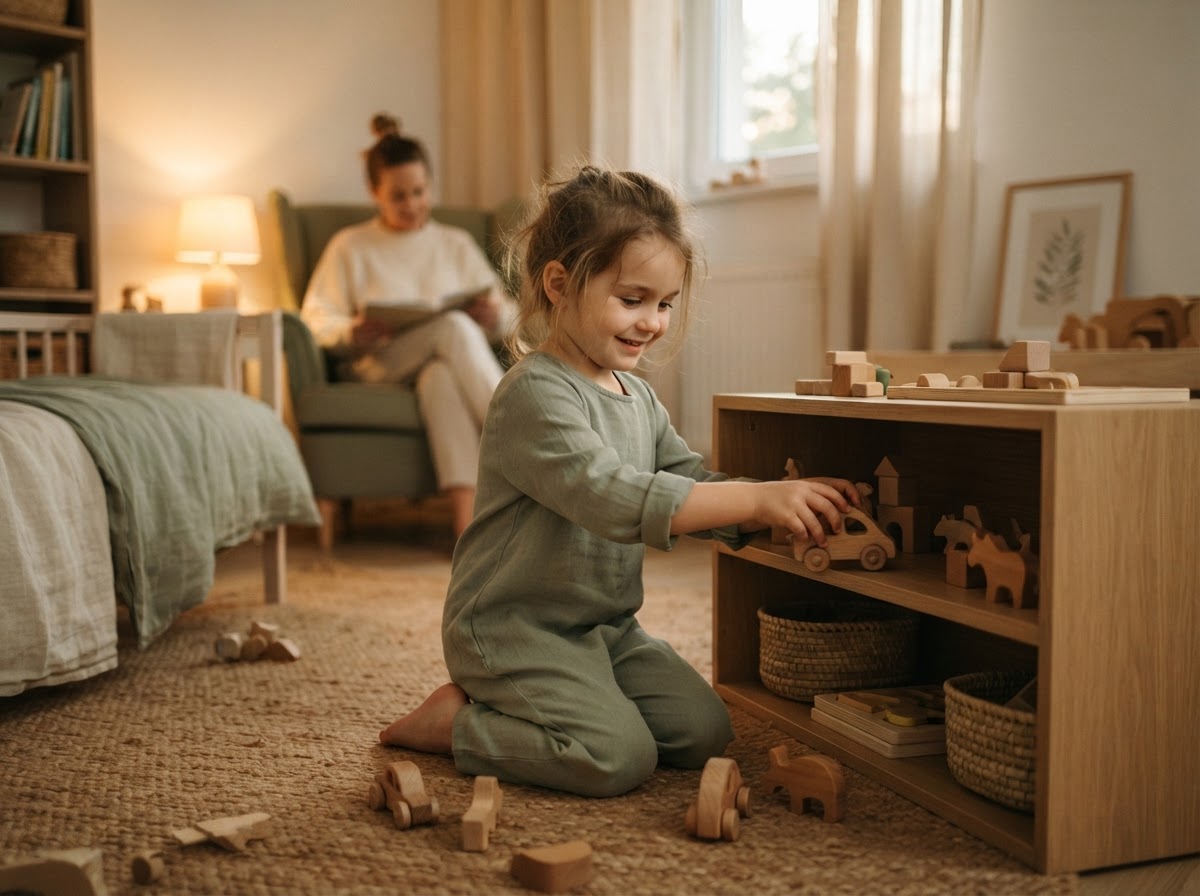 A child tidying toys before bedtime
