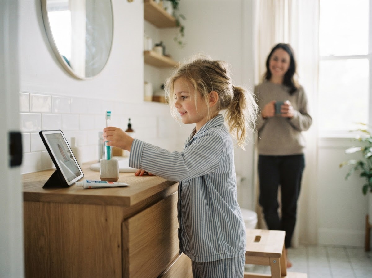 A young girl brushing her teeth while following her routine on a tablet, with her mom nearby