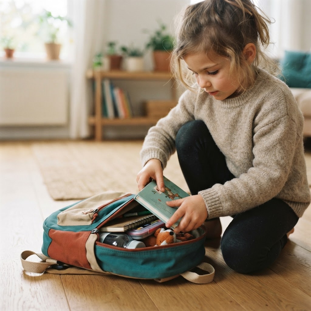 A child packing a backpack independently